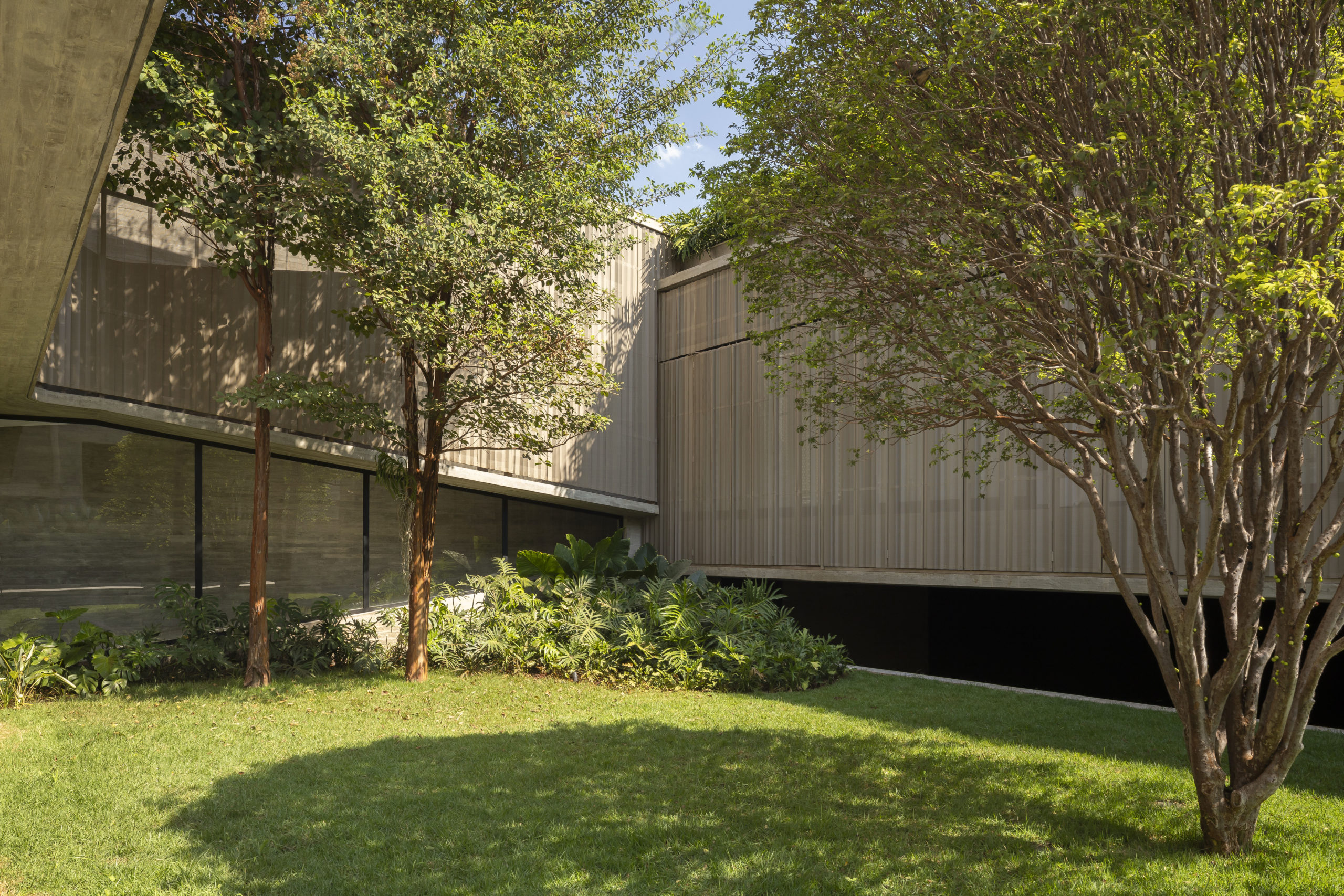 na foto área externa de casa modernista com amplo jardim com árvores
