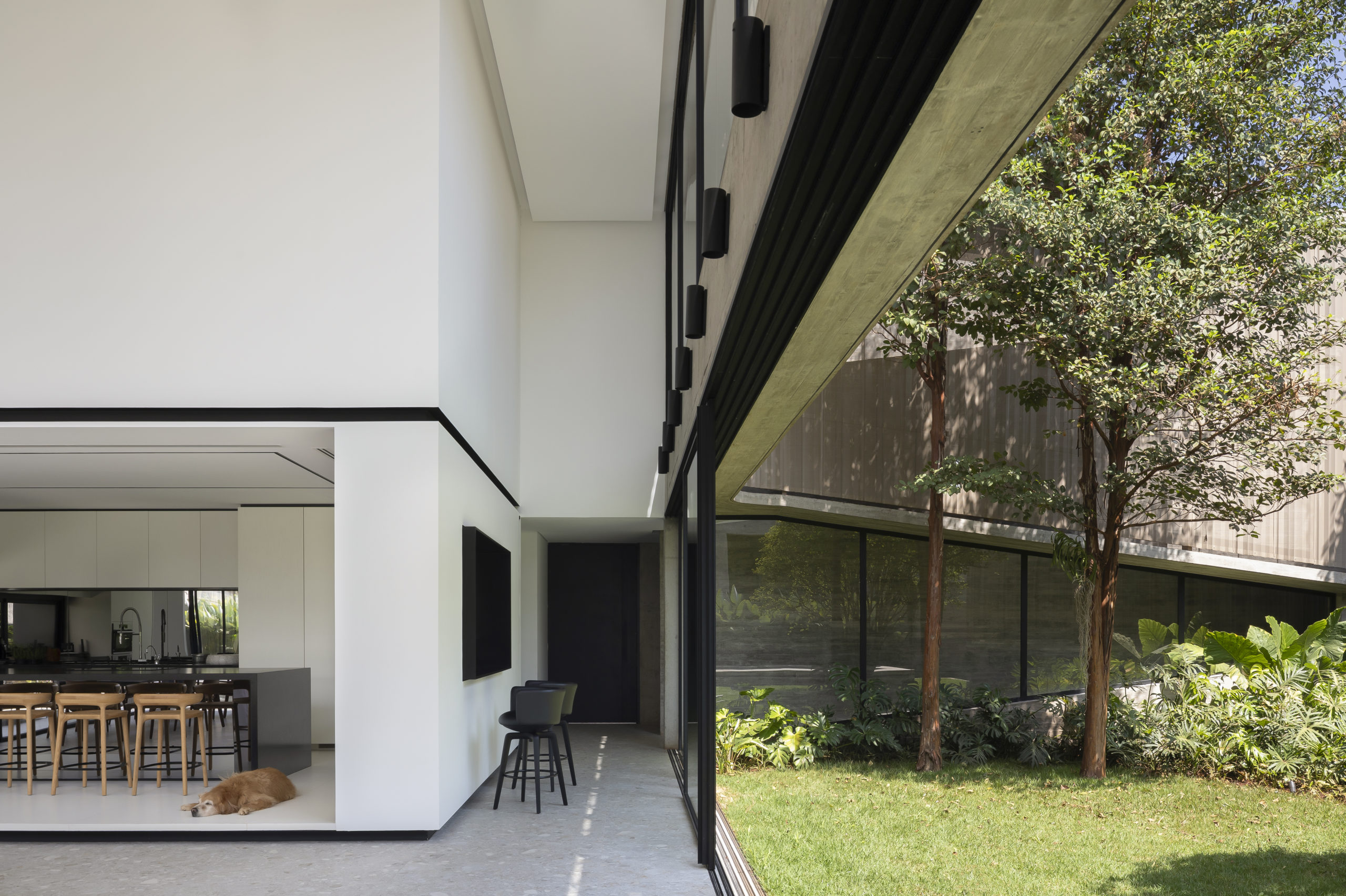 na foto exterior de casa modernista mostrando jardim e cozinha