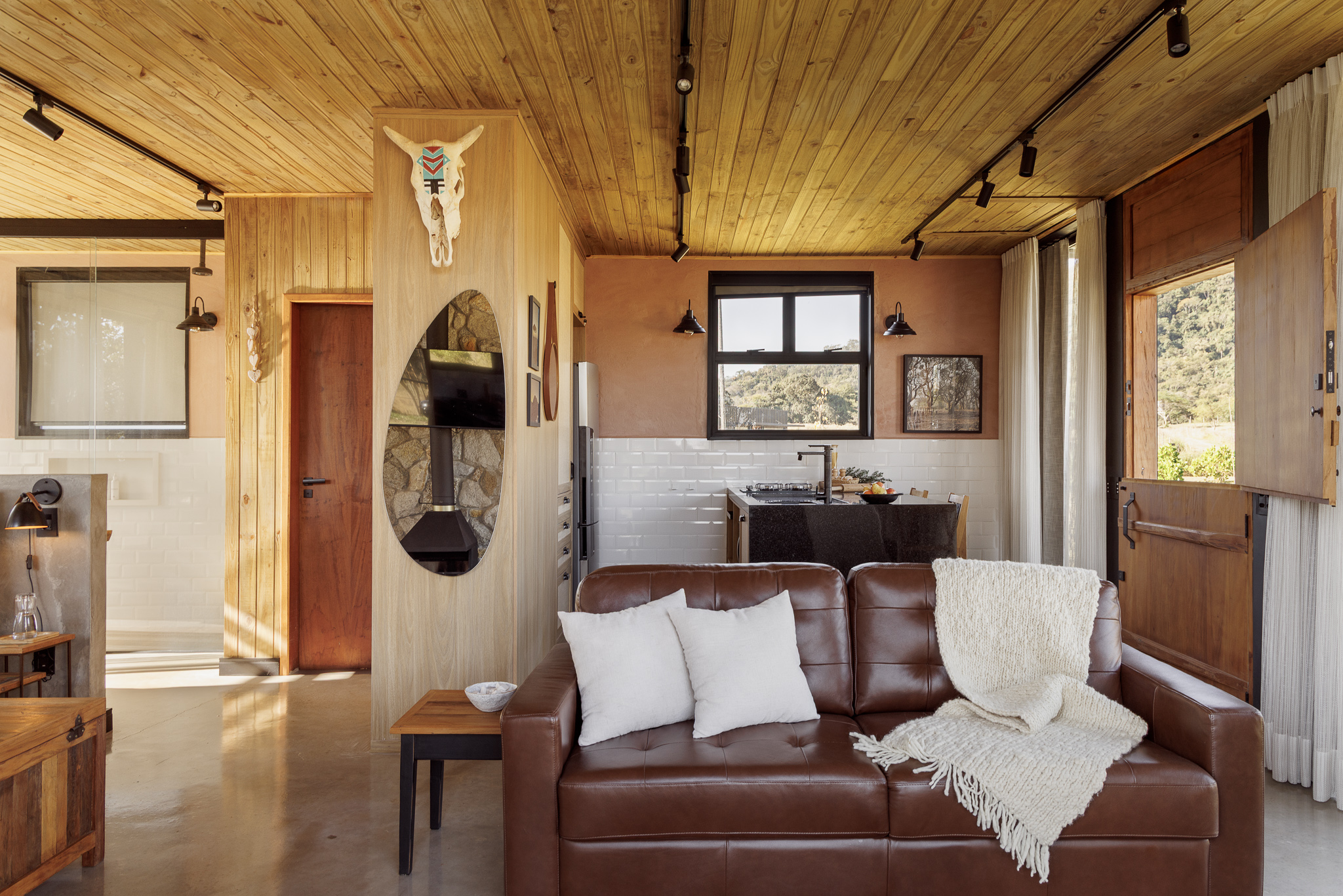 na foto sala de cabana metálica com sofá de couro 
