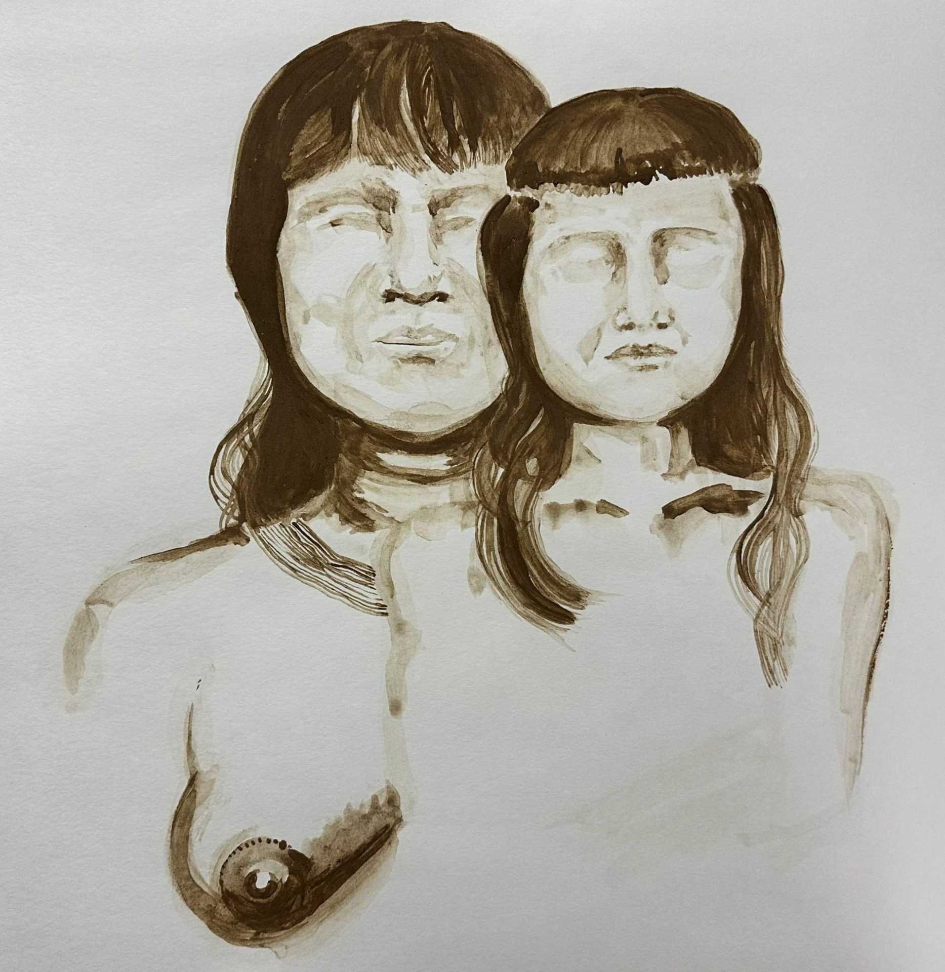 na foto a pintura de duas indígenas